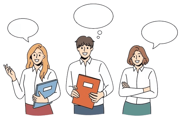 교육 자료를 들고 의견을 나누는 세 사람 일러스트